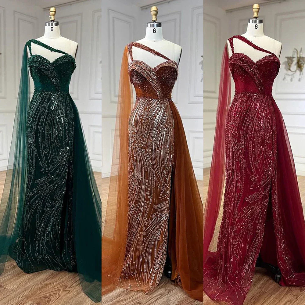 Luxury Green One Shoulder Mermaid Evening Dress with Cape