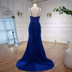 Luxury Navy Blue Lace Slit Prom Dress with Spaghetti Straps