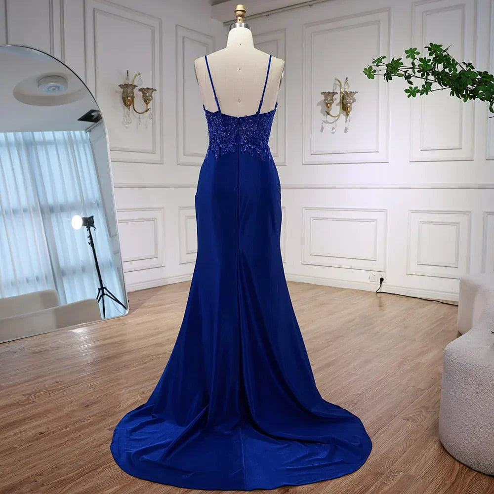 Luxury Navy Blue Lace Slit Prom Dress with Spaghetti Straps
