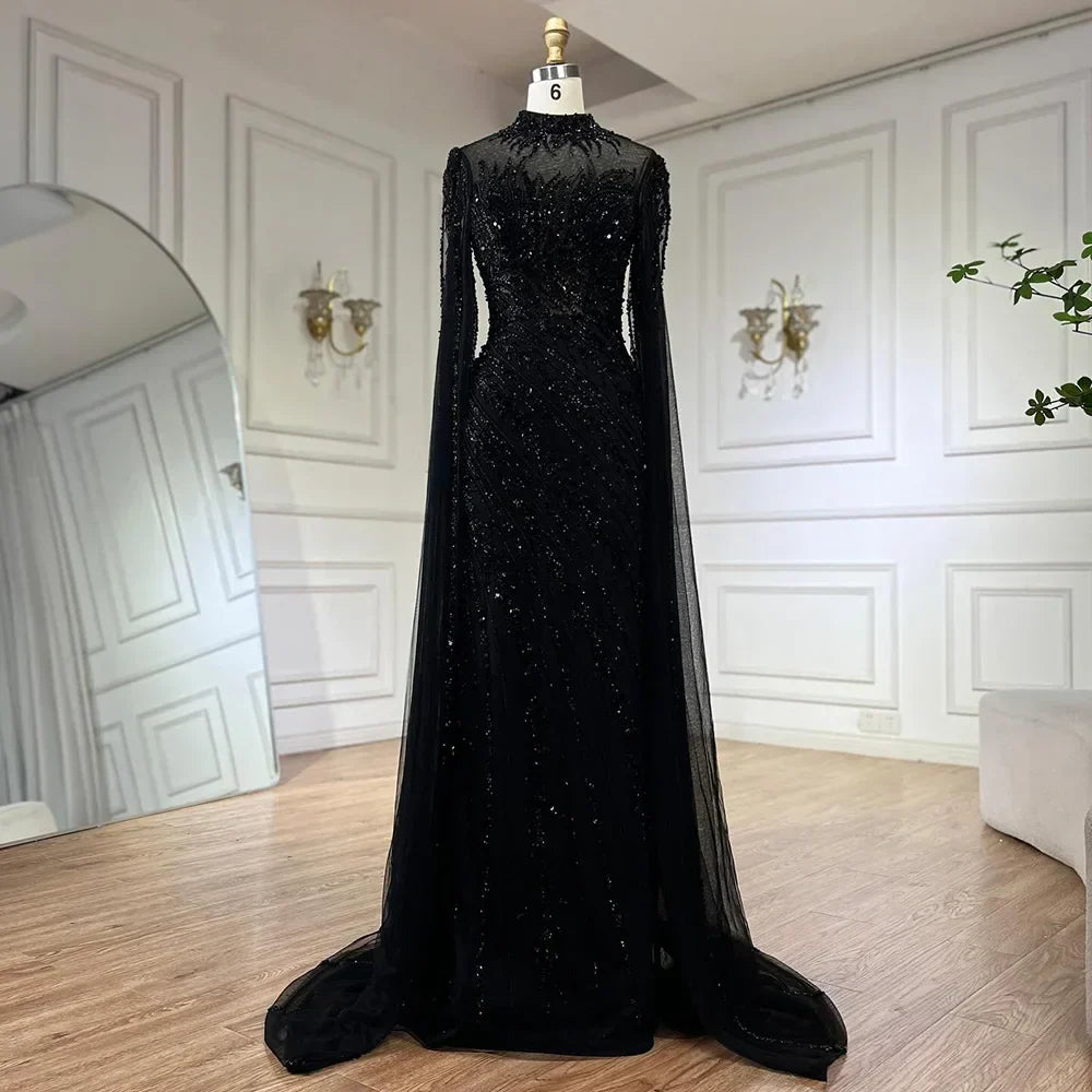 Luxury Nude Mermaid Evening Dress with Cape Sleeves