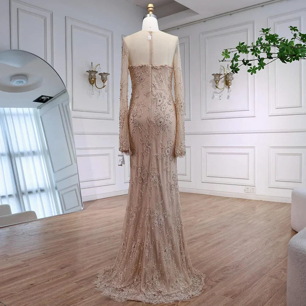 Luxury Arabic Lace Beaded Mermaid Evening Dress with Sleeves