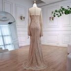 Luxury Arabic Lace Beaded Mermaid Evening Dress with Sleeves