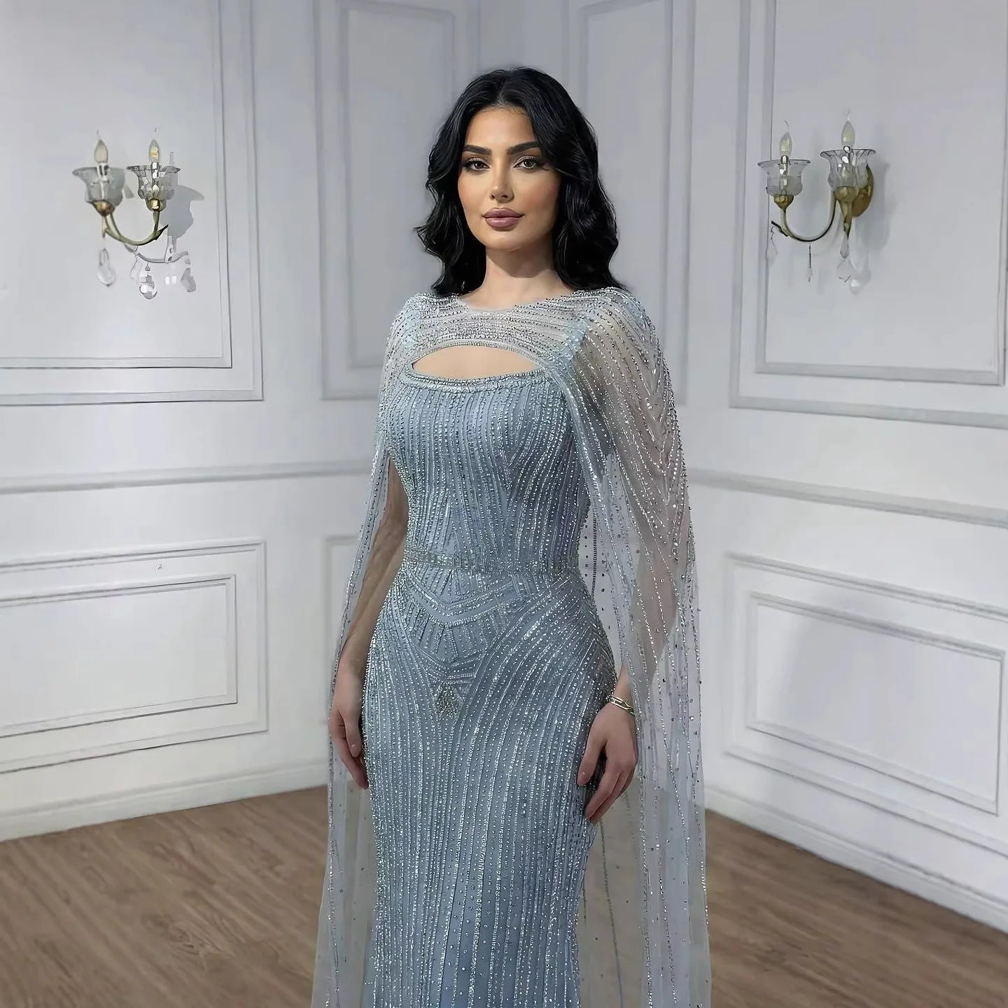 Luxury Blue Diamond Evening Dress With Cape