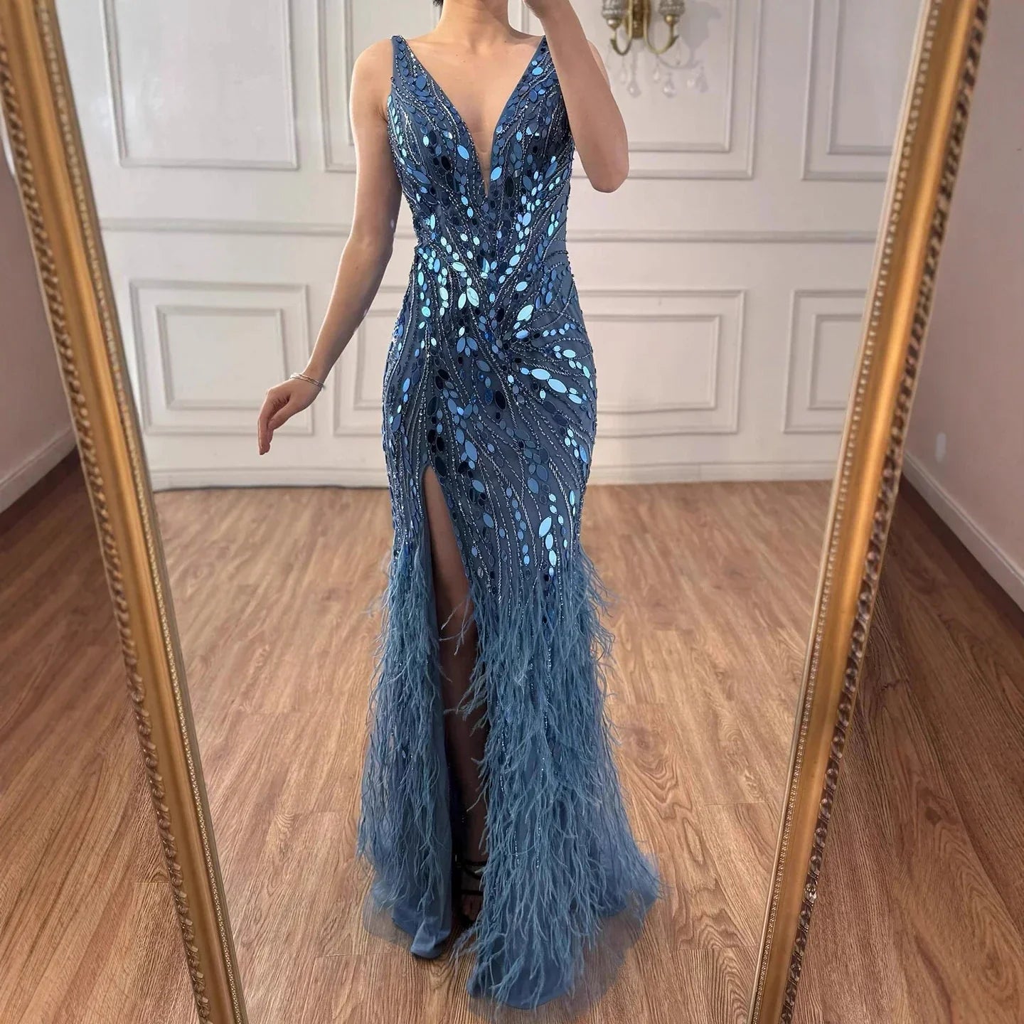 Luxury Blue Beaded Feather Mermaid Evening Dress
