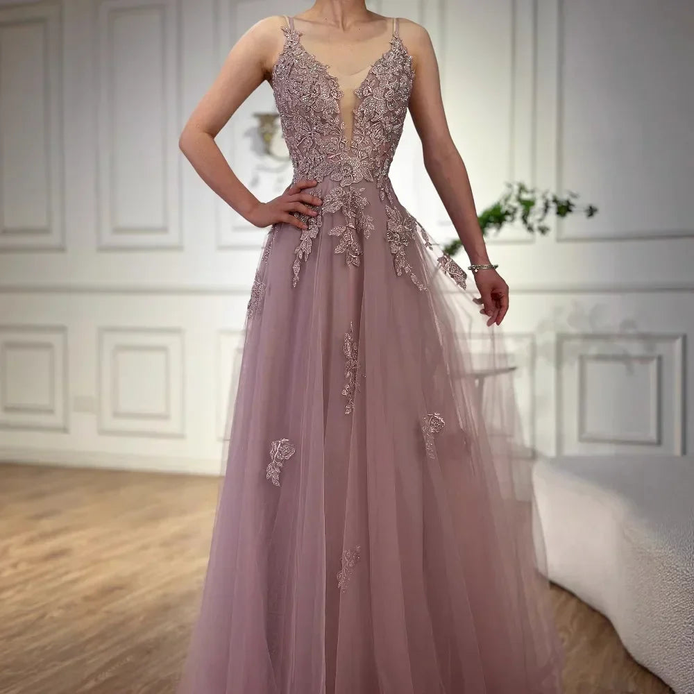 Luxury Sage Green Lace A-Line Prom Dress with Spaghetti Straps