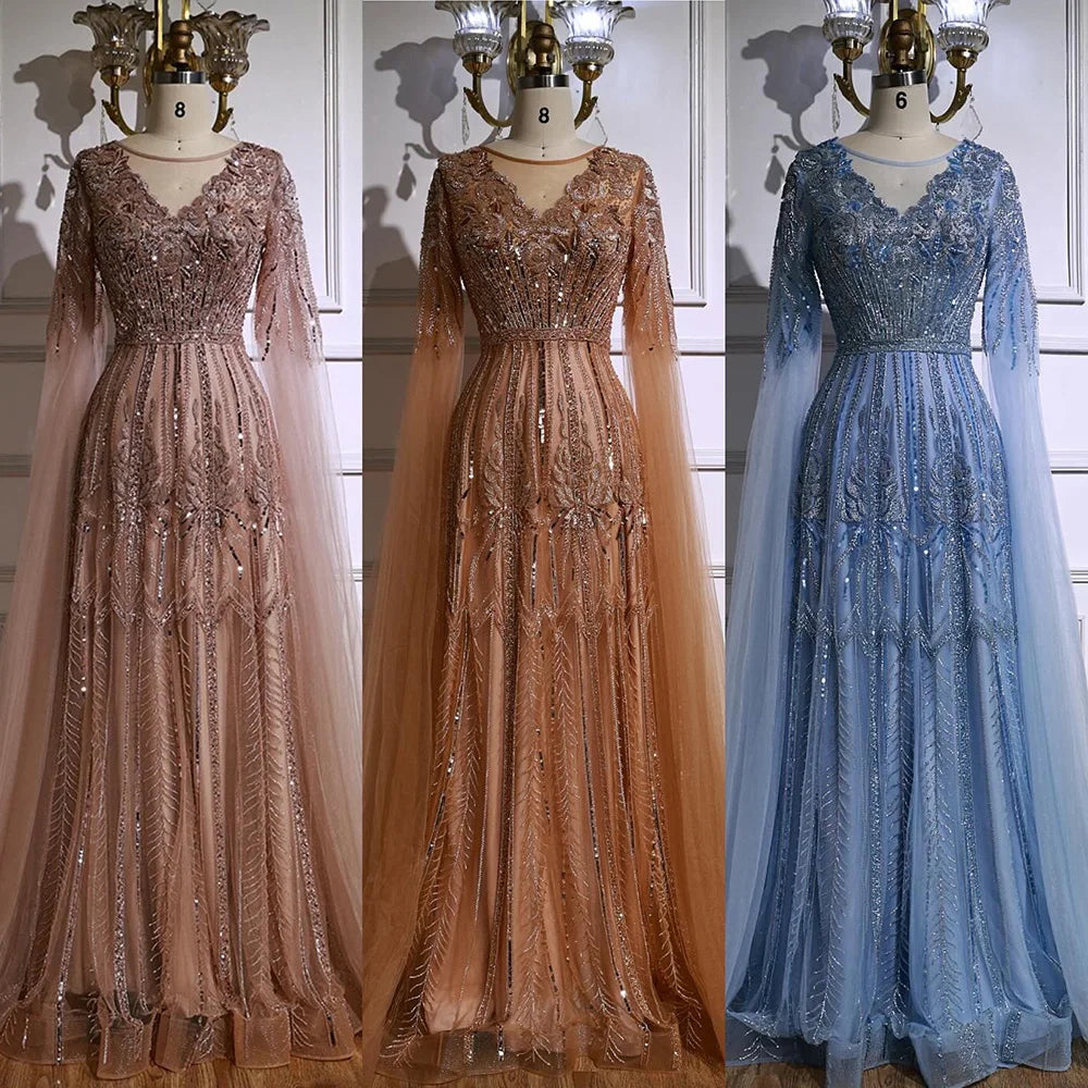 Elegant Beaded A-Line Evening Dress with Cape Sleeves