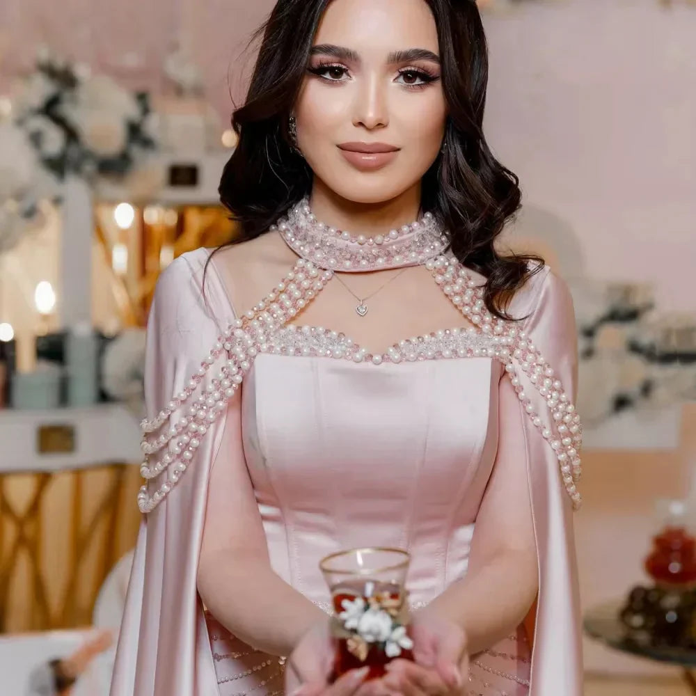 Luxury Arabic Pearls Pink Evening Dress with Cape