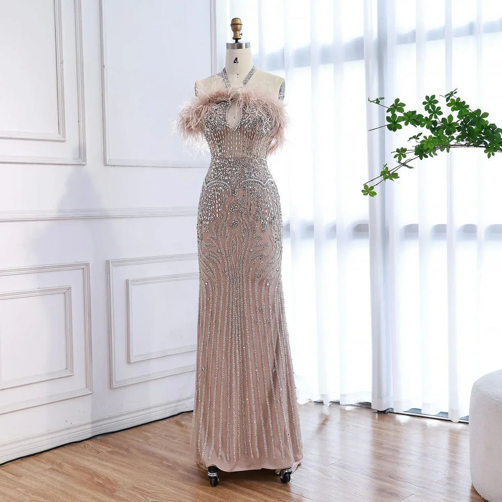 Luxury Nude Halter Feather Crystal Evening Dress