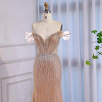 Luxury Nude Off Shoulder Beaded Tassel Evening Dress