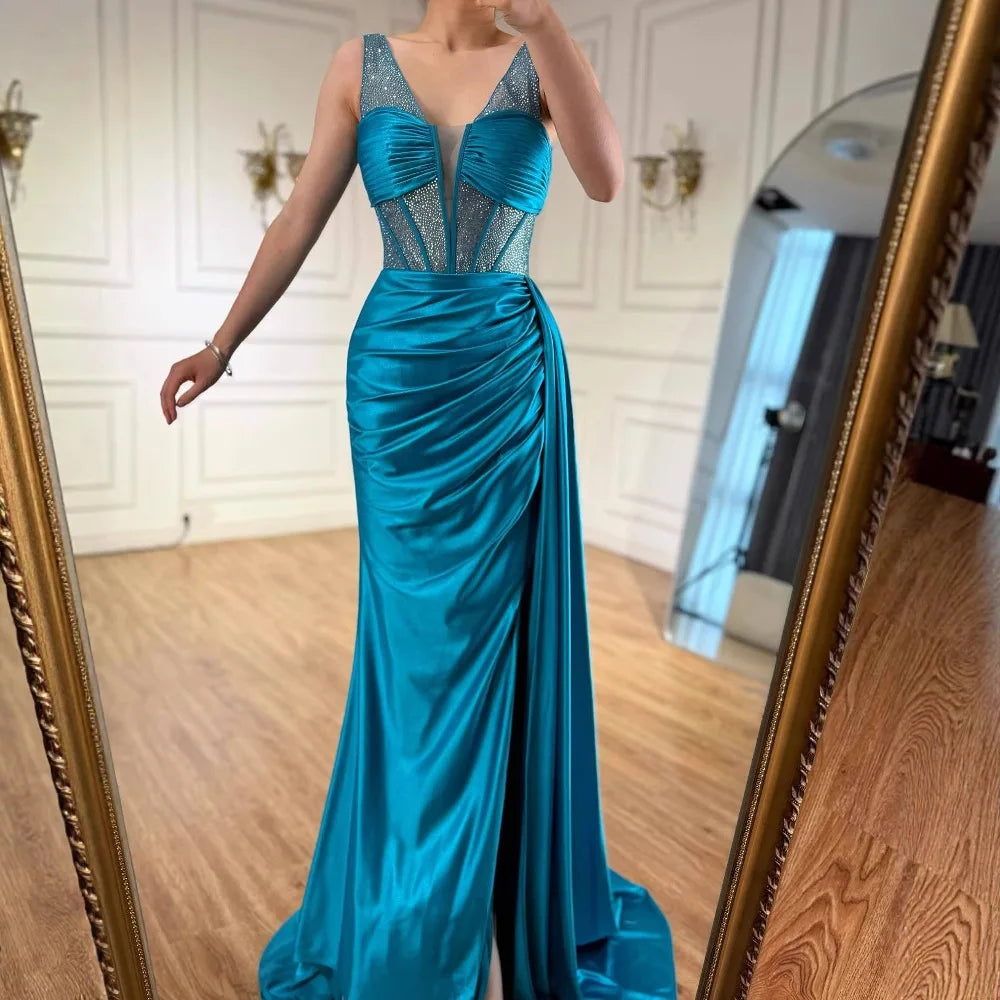 Blue Prom Dress with Side Overskirt Spaghetti Straps