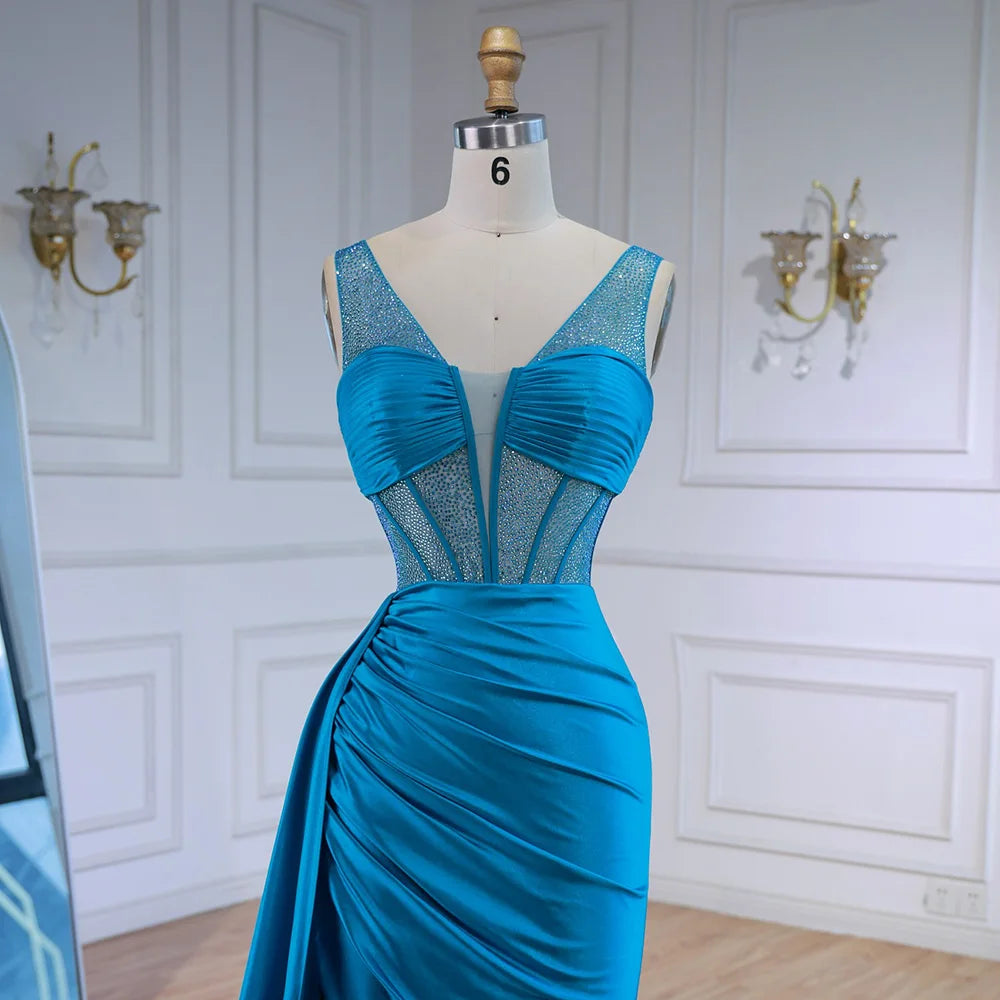 Blue Prom Dress with Side Overskirt Spaghetti Straps