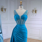 Blue Prom Dress with Side Overskirt Spaghetti Straps