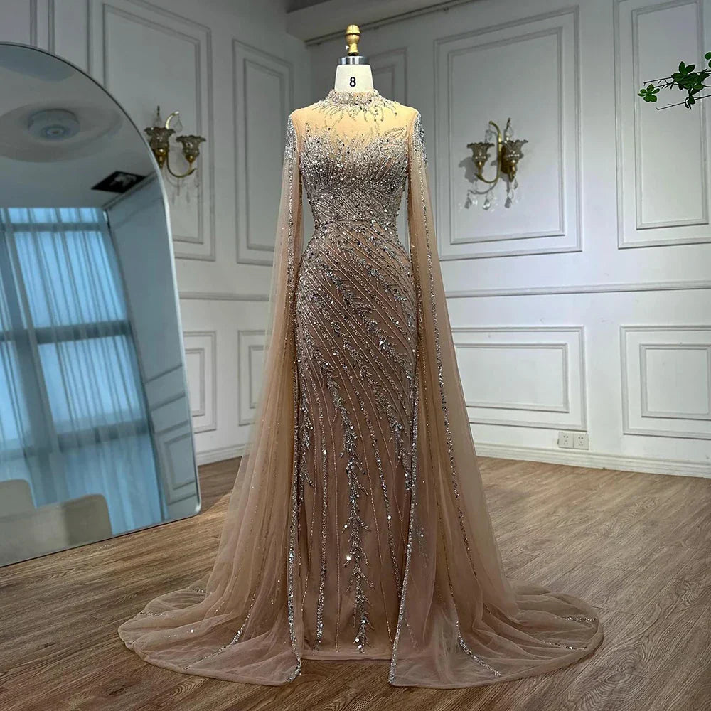 Luxury Nude Mermaid Evening Dress with Cape Sleeves