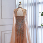 Luxury Nude Mermaid Evening Dress with Cape Sleeves