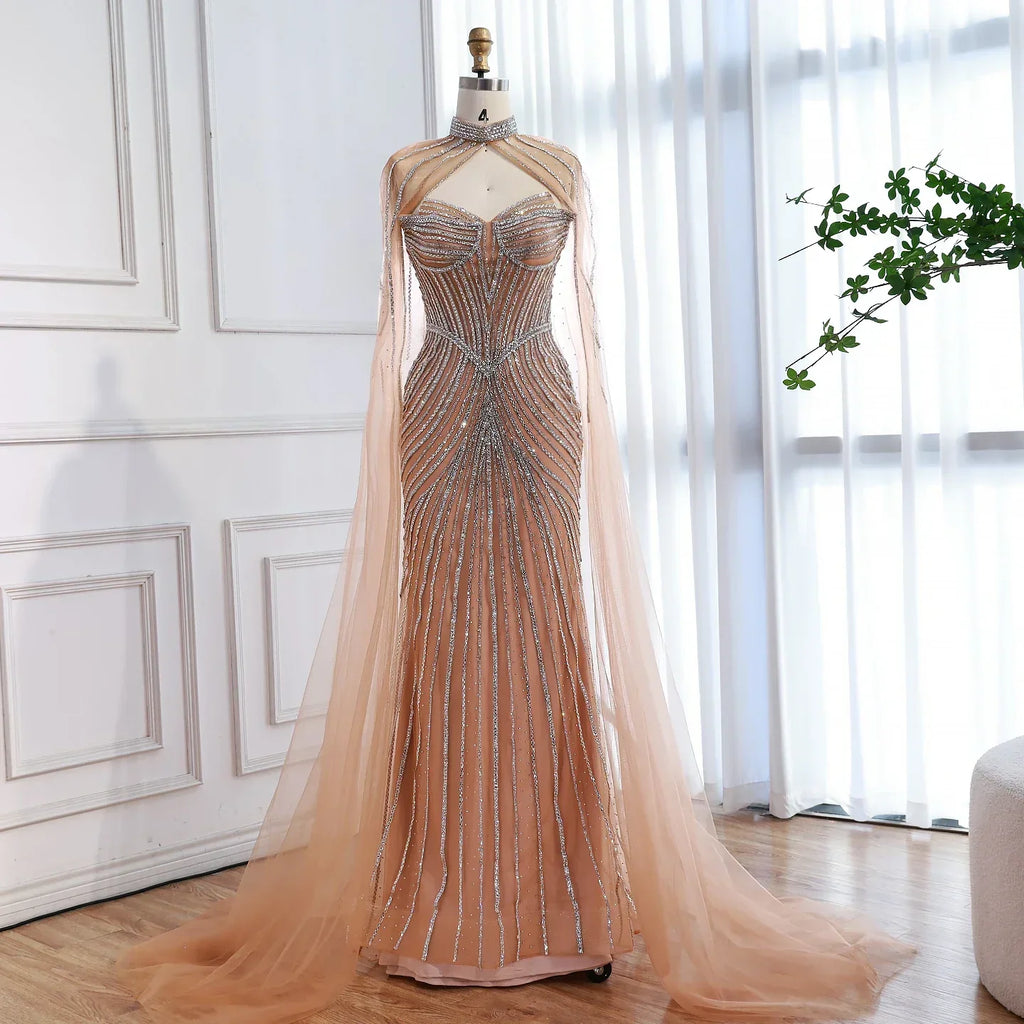 Luxury Nude Mermaid Evening Dress with Cape Sleeves