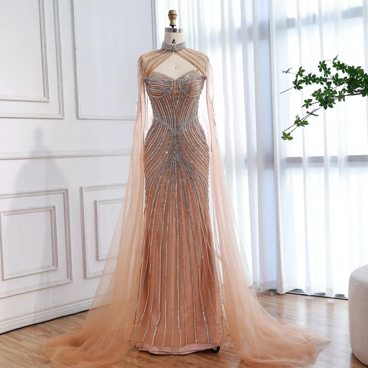 Luxury Nude Mermaid Evening Dress with Cape Sleeves