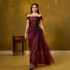 Elegant Wine Red Off Shoulder Lace Evening Dress with Appliques