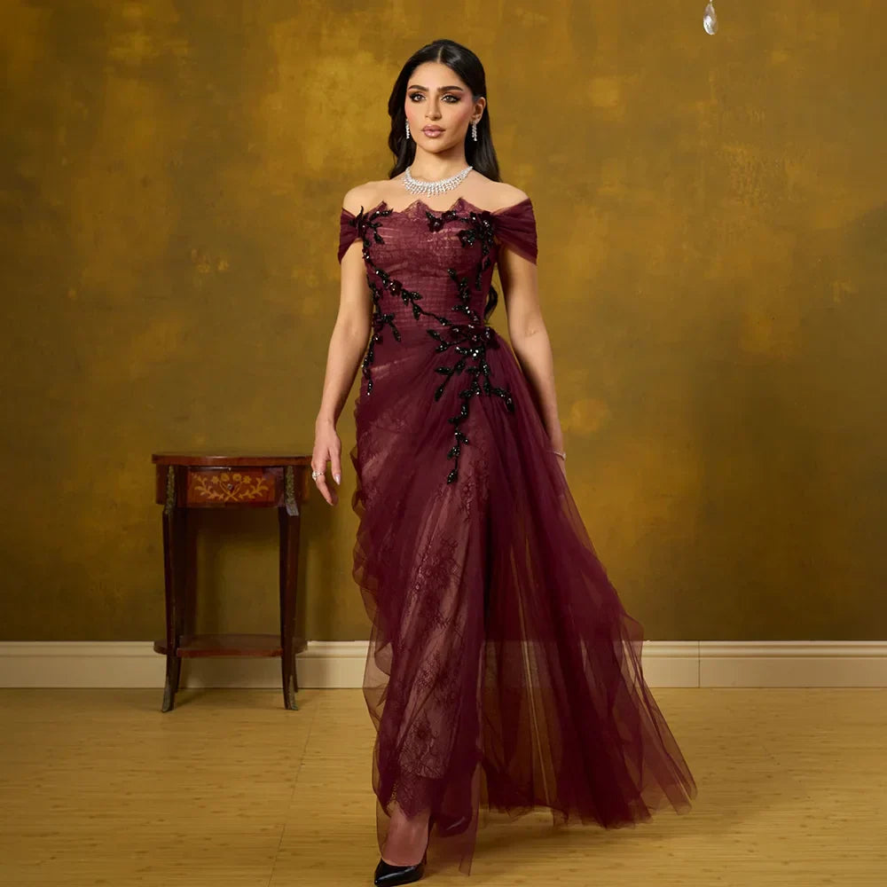 Elegant Wine Red Off Shoulder Lace Evening Dress with Appliques