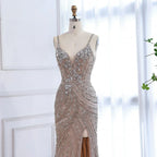 Luxury Nude Beaded High Slit Mermaid Evening Dress