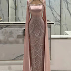 Luxury Arabic Pearls Pink Evening Dress with Cape