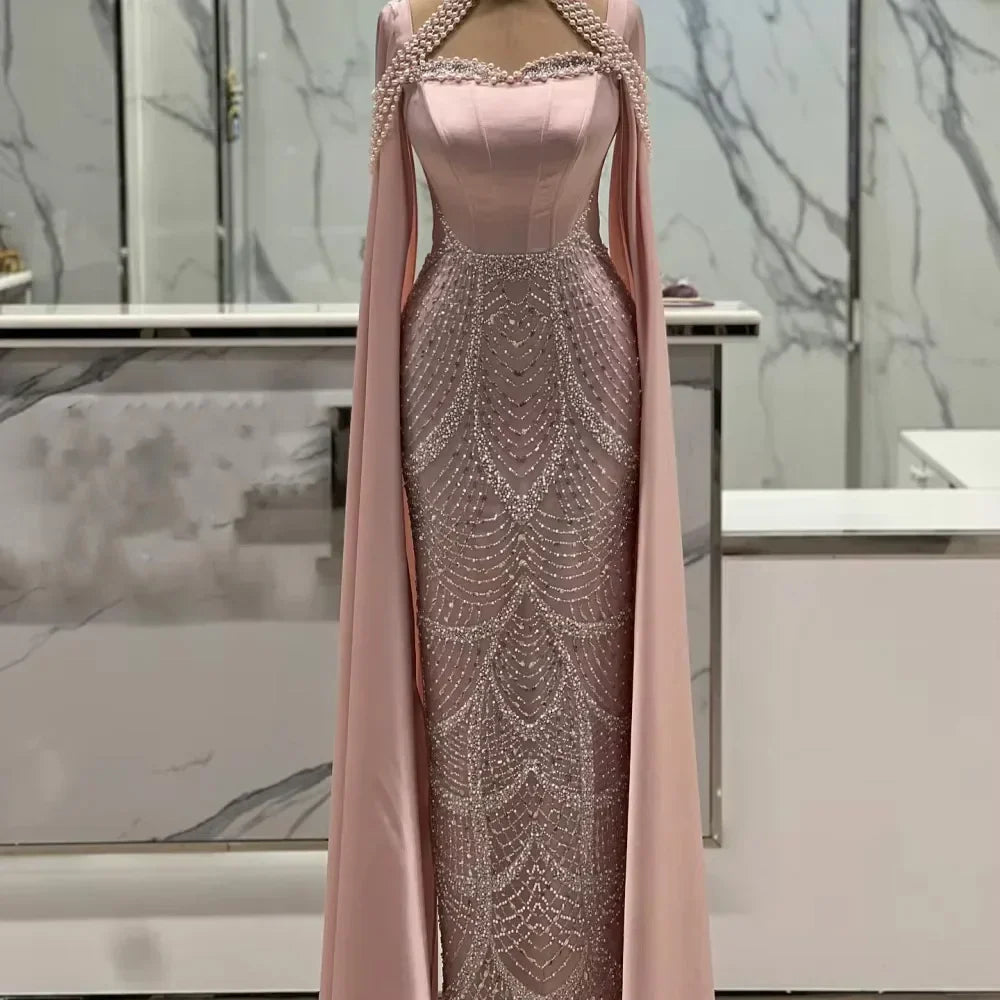 Luxury Arabic Pearls Pink Evening Dress with Cape