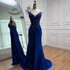 Luxury Navy Blue Lace Slit Prom Dress with Spaghetti Straps