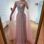 Luxury Nude Beaded Mermaid Evening Dress with Cape