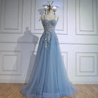 Luxury Gray Tulle A Line Prom Dress with Floral Appliques