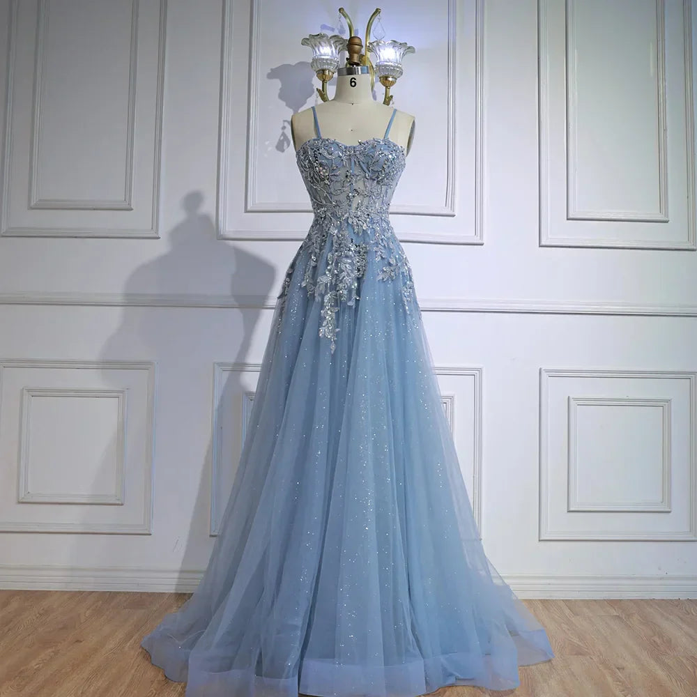 Luxury Gray Tulle A Line Prom Dress with Floral Appliques