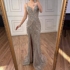 Luxury Nude Beaded High Slit Mermaid Evening Dress