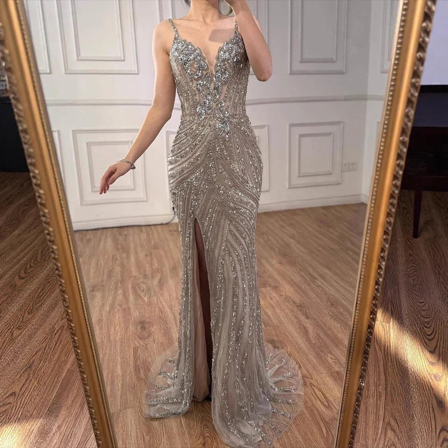 Luxury Nude Beaded High Slit Mermaid Evening Dress