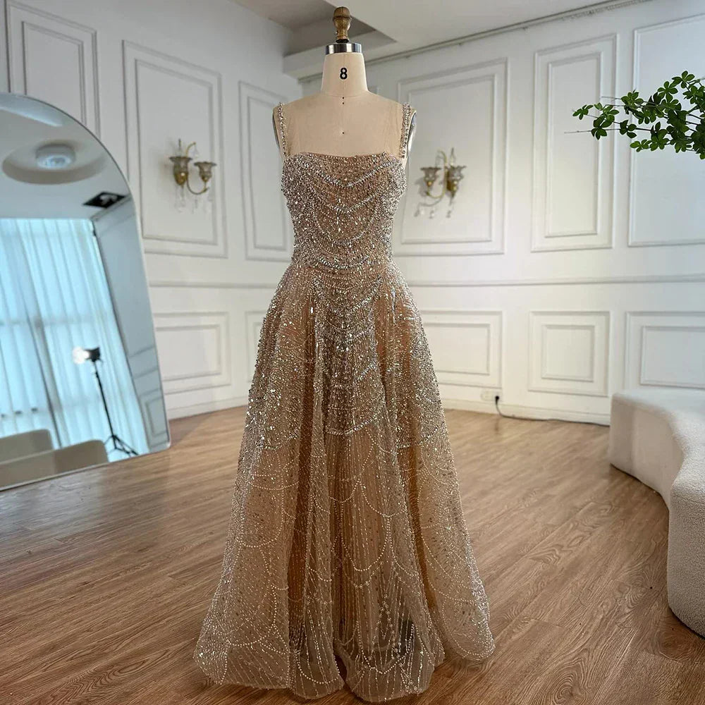 Luxury Nude A-Line Evening Dress with Pearls and Crystals
