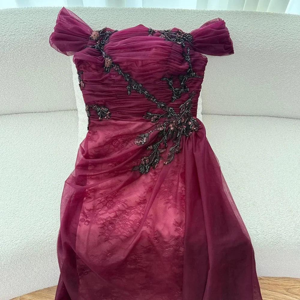 Elegant Wine Red Off Shoulder Lace Evening Dress with Appliques