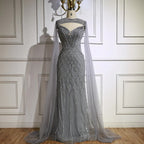Luxury Nude Beaded Mermaid Evening Dress with Cape