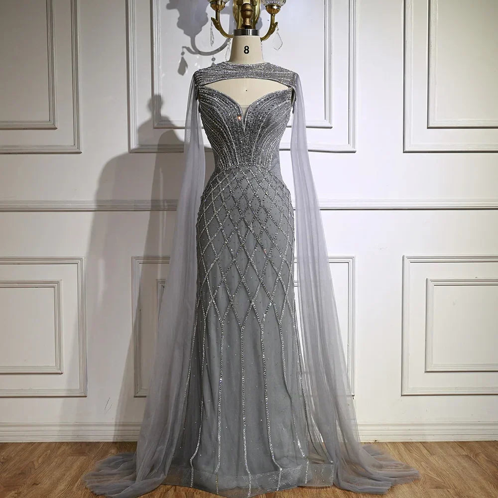 Luxury Nude Beaded Mermaid Evening Dress with Cape