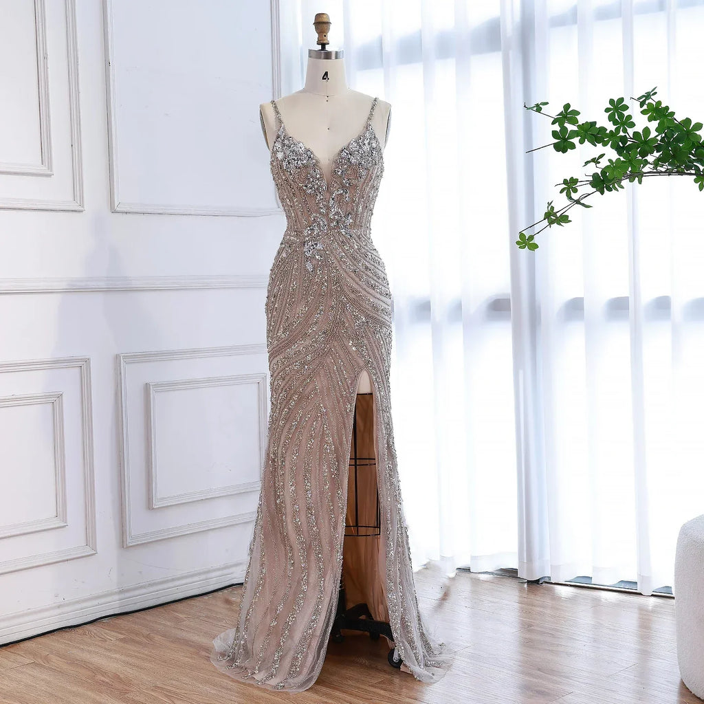 Luxury Nude Beaded High Slit Mermaid Evening Dress
