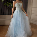 Serene Hill  Blue Spaghetti Strap A Line One Shoulder Prom Dress