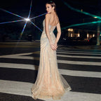 Luxury Nude Pink Crystal Tassel Mermaid Evening Dress