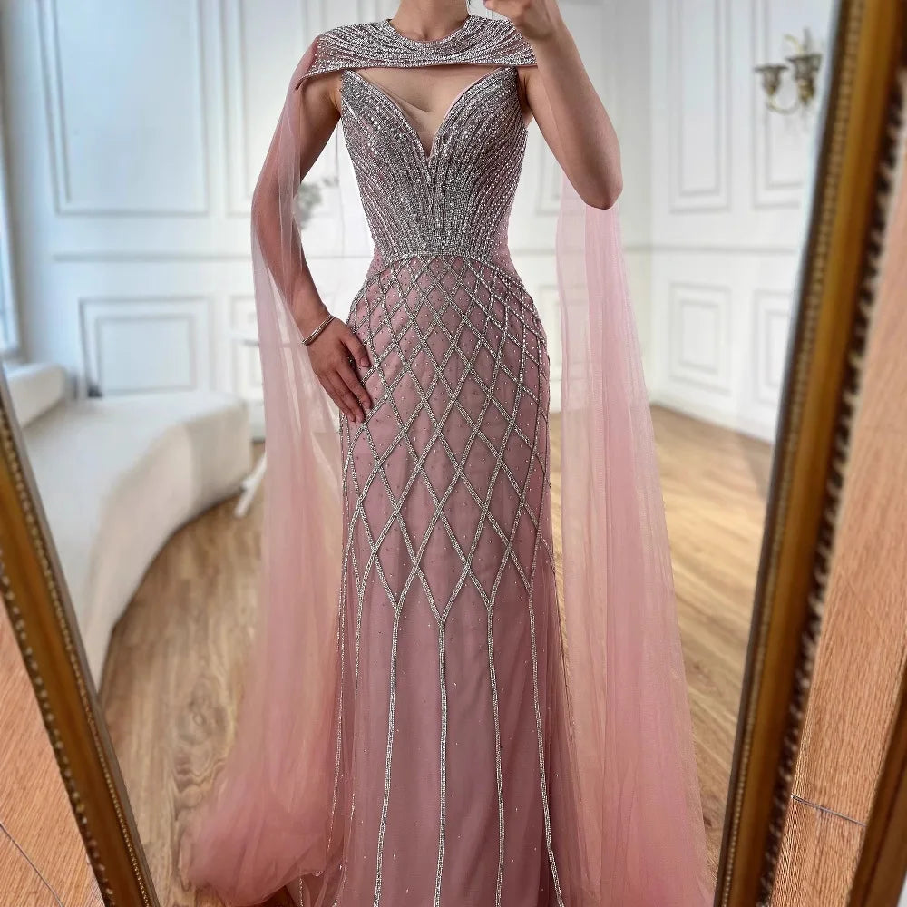 Luxury Nude Beaded Mermaid Evening Dress with Cape