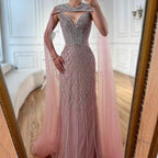 Luxury Nude Beaded Mermaid Evening Dress with Cape
