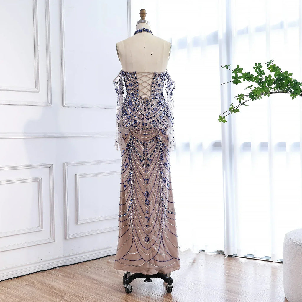 Luxury Kosovo Blue Evening Dress With Gloves