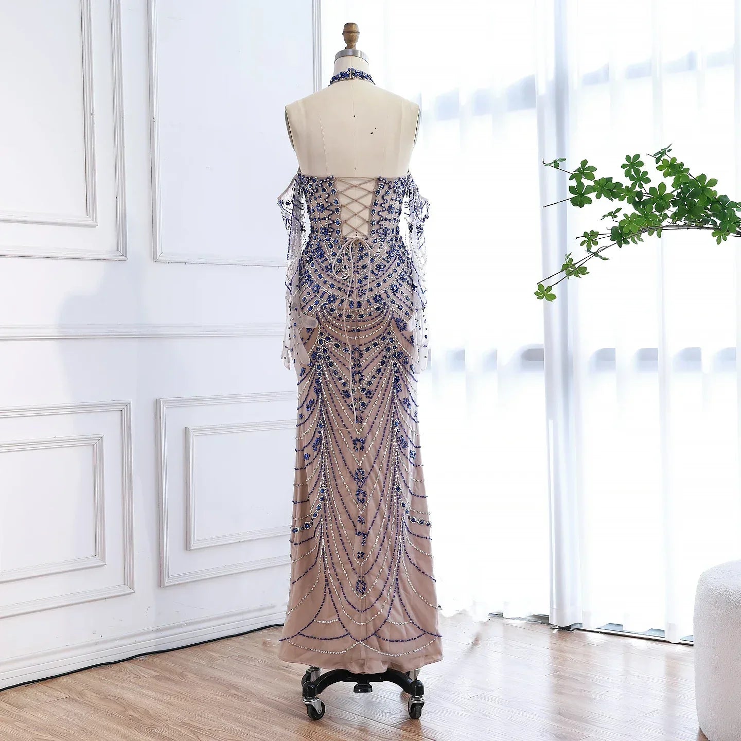 Luxury Kosovo Blue Evening Dress With Gloves