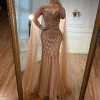 Luxury Nude Beaded Mermaid Evening Dress with Cape