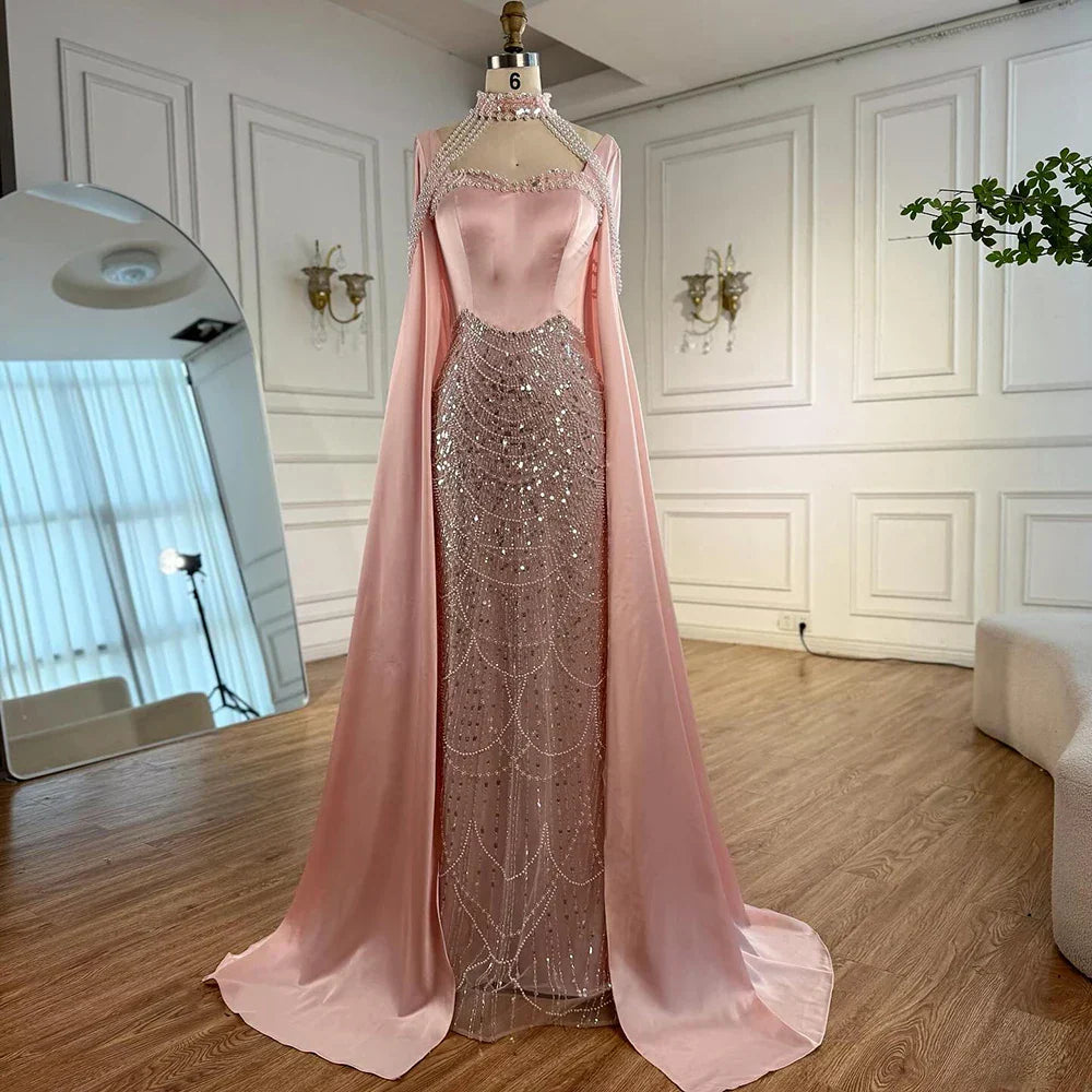 Luxury Arabic Pearls Pink Evening Dress with Cape
