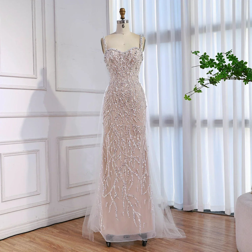 Luxury Lace Pearls Mermaid Evening Dress With Glove White Nude