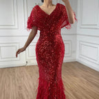 Luxury Arabic Red Mermaid Evening Dress with Feathers Beaded