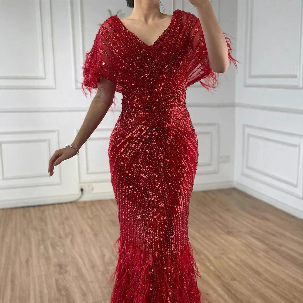 Luxury Arabic Red Mermaid Evening Dress with Feathers Beaded