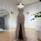 Serene Hill Arabic Black Spaghetti Strap Split Feathers Beaded Mermaid Evening Dresses Gownsfor Women Wedding Party 2024 LA70623