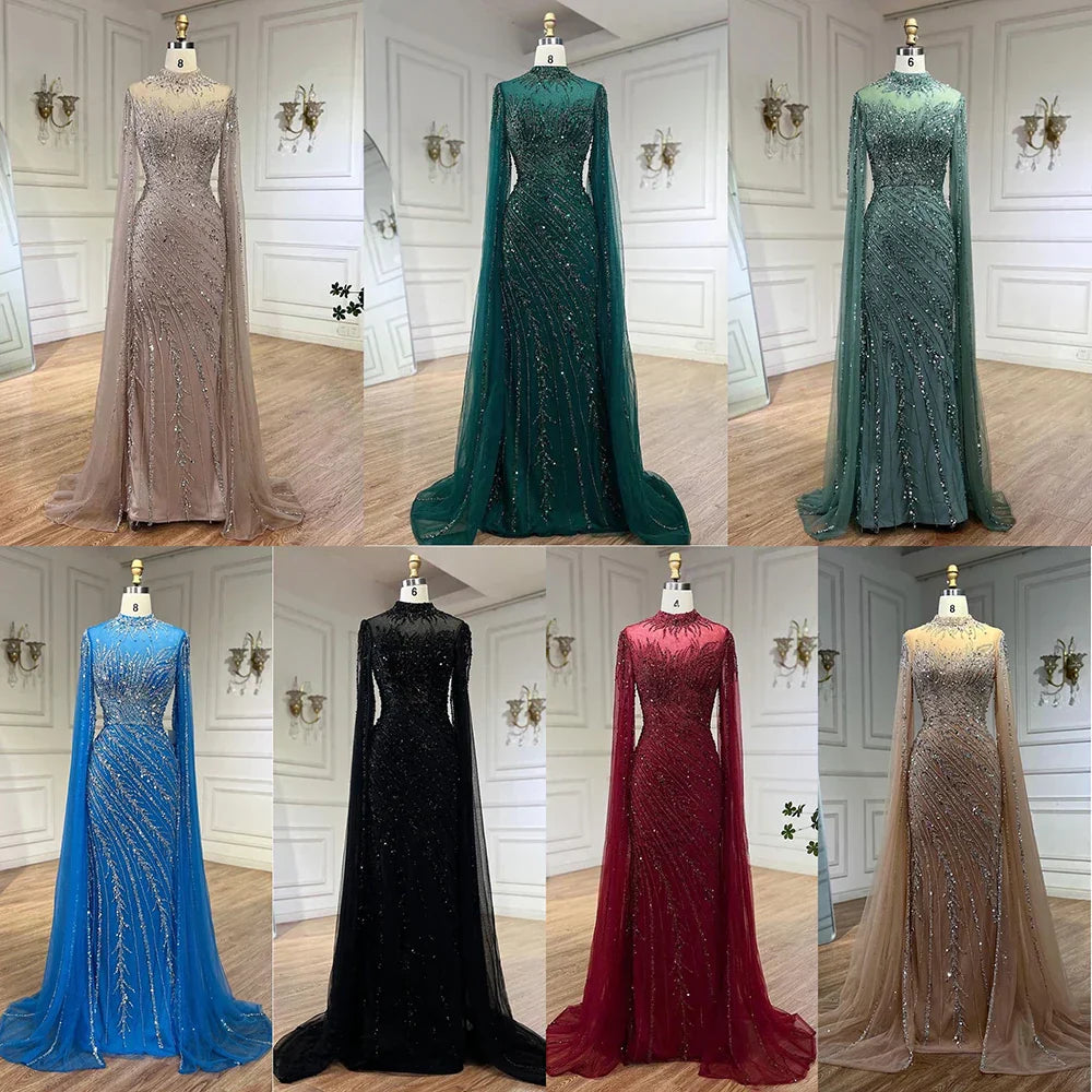 Luxury Nude Mermaid Evening Dress with Cape Sleeves