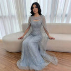 Luxury Blue Diamond Evening Dress With Cape